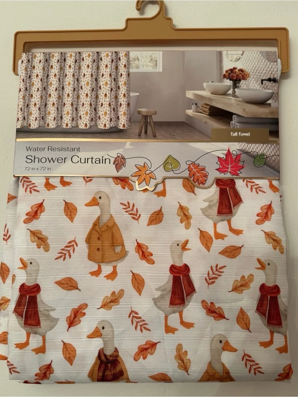 Fall Goose Print Water-Resistant Shower Curtain - White & Orange